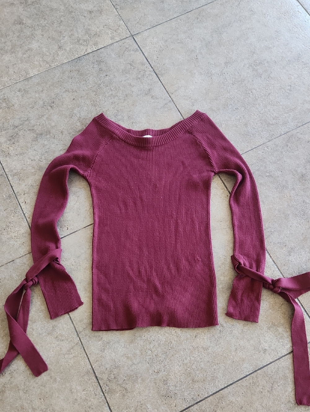 Women's Ribbed Off-Shoulder Sweater with Tie Cuffs - Burgundy